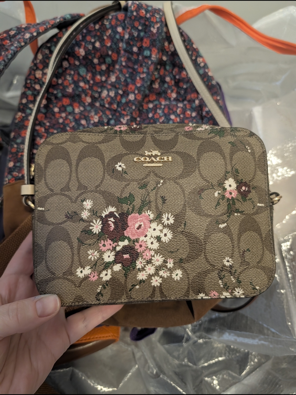 COACH Brown Floral Signature Camera Crossbody Bag - Picture 1 of 2